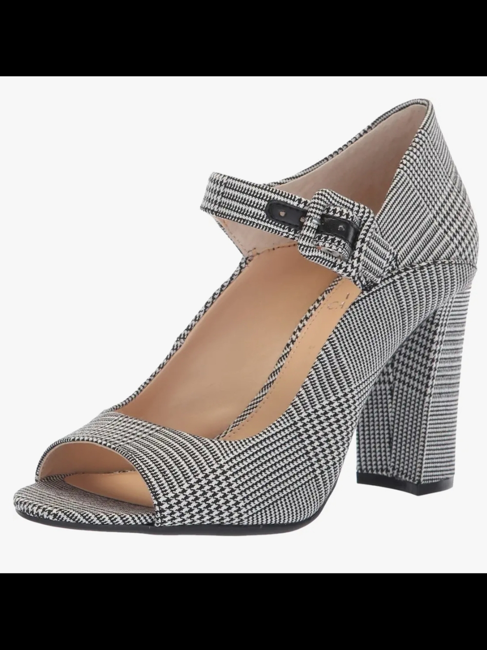 EUC Vince Camuto "Selmer" Black & White Plaid Peep-Toe Mary Jane Block Heel Sz 8